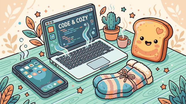 Cozy workspace with laptop code and cute breakfast toast illustration.
