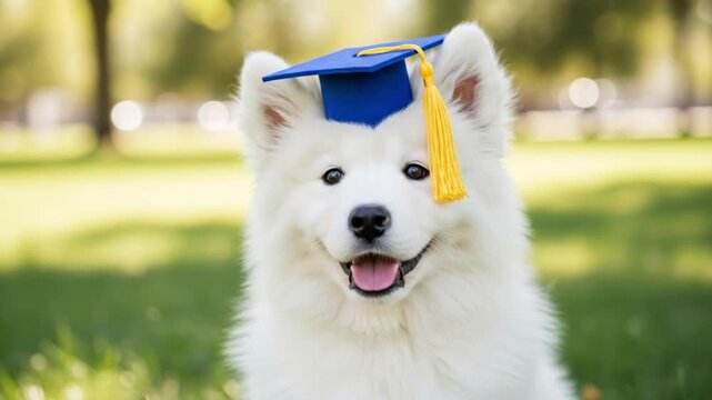 Cute white Samoyed puppy wearing a blue graduation cap with a yellow tassel in a sunny park. Adorable fluffy dog celebrating academic success and clever pet training completion concept.