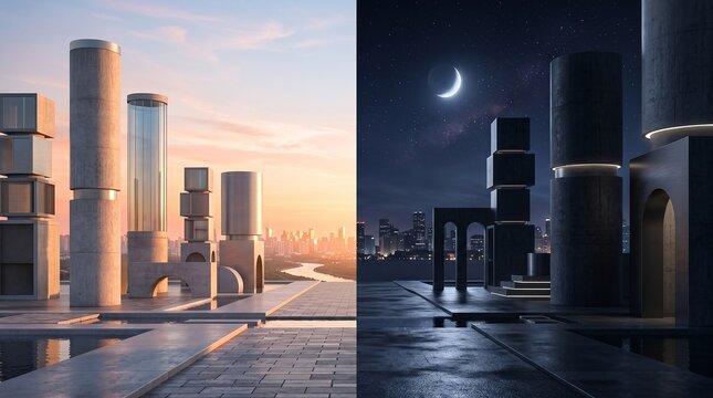 Futuristic cityscape, urban landscape, nighttime contrast, architectural rendering, double exposure