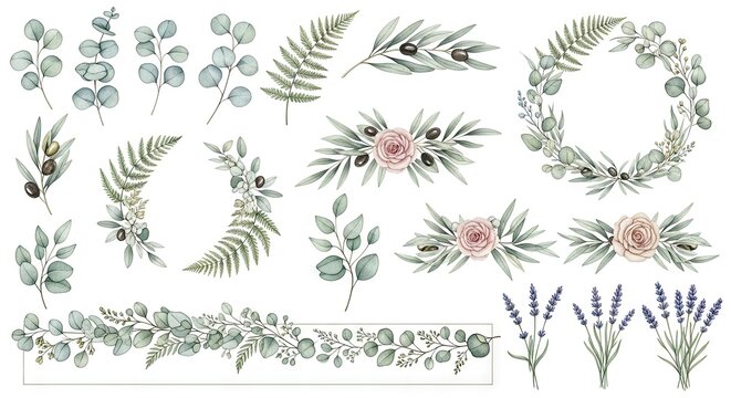 Watercolor greenery wreaths and lavender botanical elements design set.
