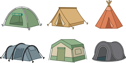 Camping Tent Icon Set with Muted Earth Tone Outdoor Shelter Vectors for Tourism and Adventure Designs © Taijul