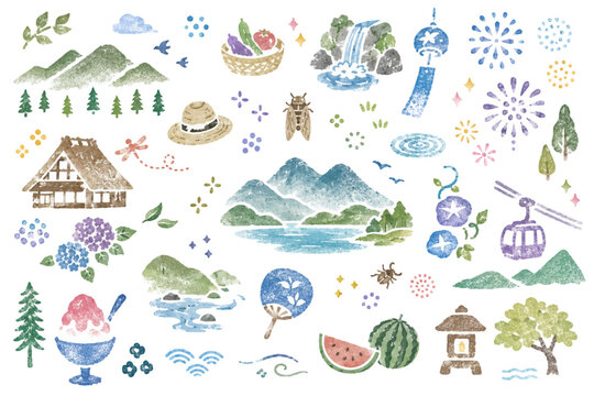 日本の田舎の避暑　スタンプ風イラストセット