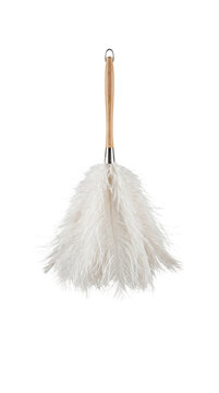Fluffy white feather duster with long wooden handle on transparent background
