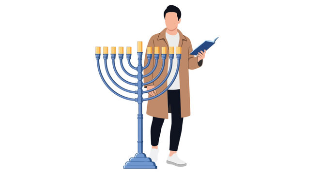 Man reading beside hanukkah menorah religious holiday illustration vector graphic