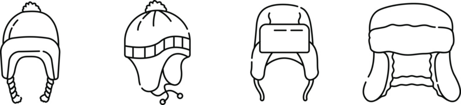 Ushanka and Winter Hat Icons Set Vector Illustration, Fur Trapper Hat Cold Weather Headwear and Winter Fashion Line Art Design