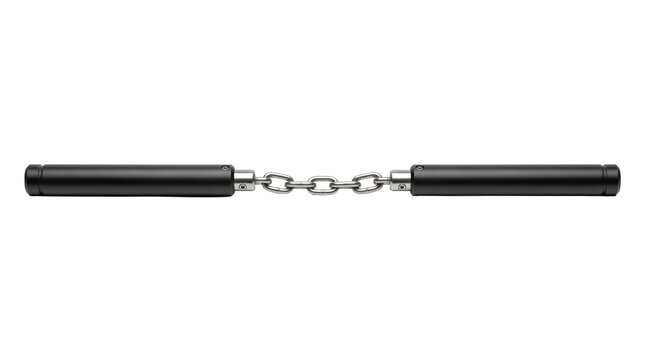 Traditional black martial arts nunchucks displayed on transparent background