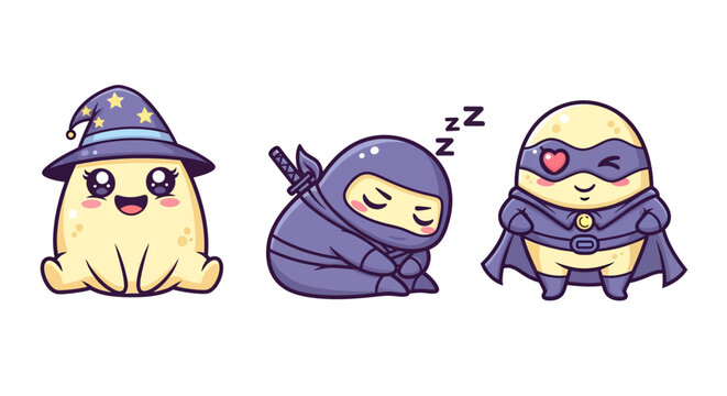 Cute Egg Characters in Costumes and Sleeping Pose.