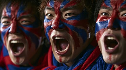 Obraz premium Closeup of South Korean soccer fans with detailed face paint and scarves expressing intense enthusiasm and unity during a thrilling match.