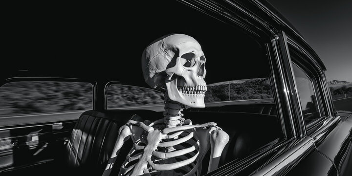 Skeleton riding in vintage black car through monochrome desert highway