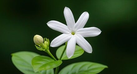 Fototapeta premium Blooming white jasmine flower with a small green bud.
