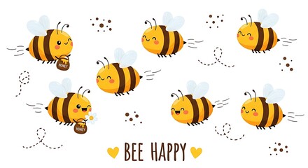 Cute Cartoon Bees Flying in Sky with Heart and Cloud Elements for Kids Illustration