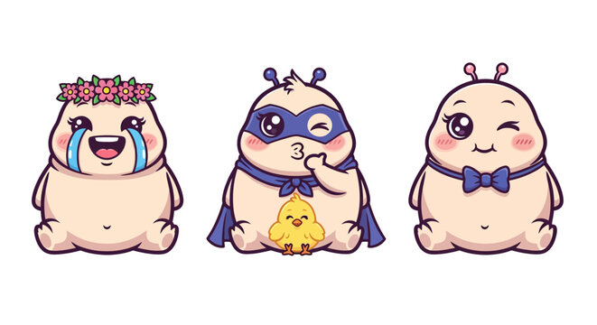 Cute cartoon characters with different expressions and outfits.