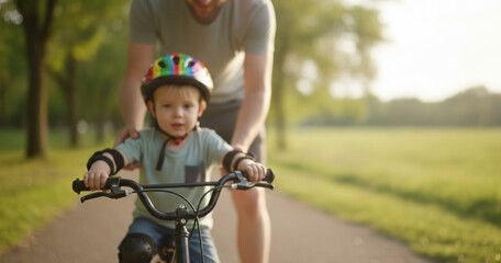 Fototapeta premium Father helps his young child learn to ride a bicycle on a park path in warm evening sunlight with a colorful helmet, protective pads, green trees and a joyful family atmosphere