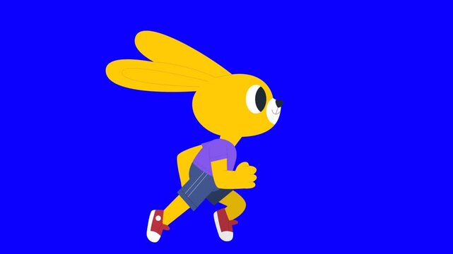 Animated footage of a running hare against a green background. Cartoon footage of a sporty rabbit. Chroma key.