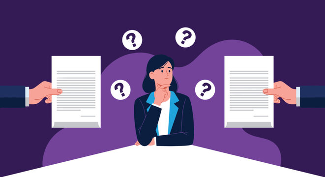 Thoughtful businesswoman sits at a table trying to decide between two different contract documents presented by anonymous hands.