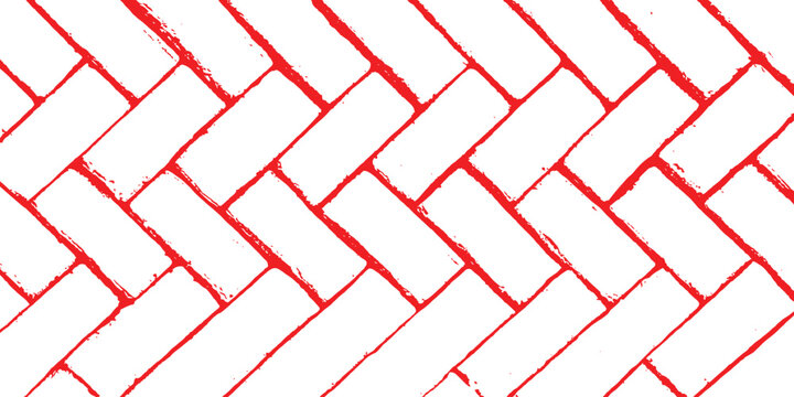 Red herringbone brick paver outline pattern background with distressed textured geometric block lines vector illustration.