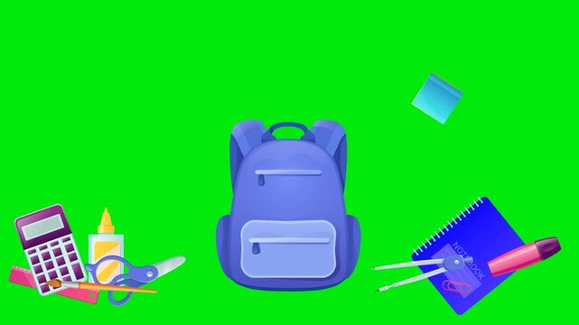 Back to school animation: School supplies flying out of a backpack, Exploding backpack with flying school elements