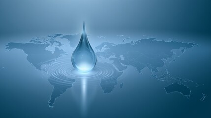 Fototapeta premium Water drop falls on map creating ripples in blue water representing global impact of water resources