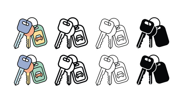 Eight sets of house and car keys in various colors and line art styles together