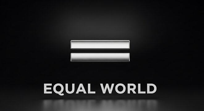 Equal world concept with chrome metallic equals sign symbol on dark moody studio background.