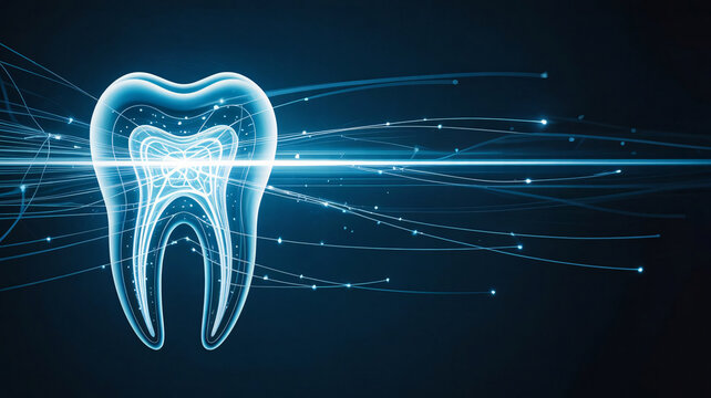 Glowing blue digital x-ray of a molar tooth with abstract light trails, ideal for dental healthcare designs