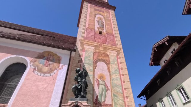 Matthias Klotz Monument in front of the Parish Church of St. Peter and Paul in Mittenwald, Werdenfelser Land, Upper Bavaria, Bavaria, Germany