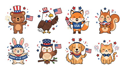 Obraz premium Set of cute animals celebrating independence day on transparent background. Cartoon bear, eagle, fox, squirrel, rabbit, owl, dog, and cat with american flag. Patriotic national holiday clipart.