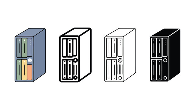 Four computer server towers in different colors and line styles on white background