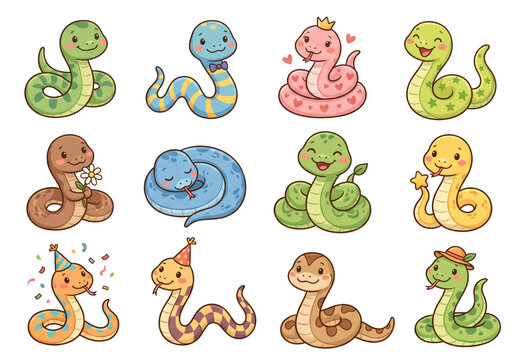 Set of cute cartoon snake characters on transparent background. Collection of kawaii reptiles with various accessories and emotions. Vector illustration for children design and decoration.