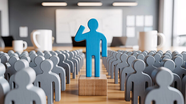 Blue human figure standing on a wooden block among a grey crowd, symbolizing leadership and individuality in a corporate office