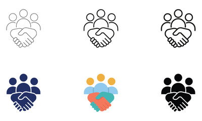 Fototapeta premium Multiple stylized icon variations representing group handshake for business partnership and teamwork