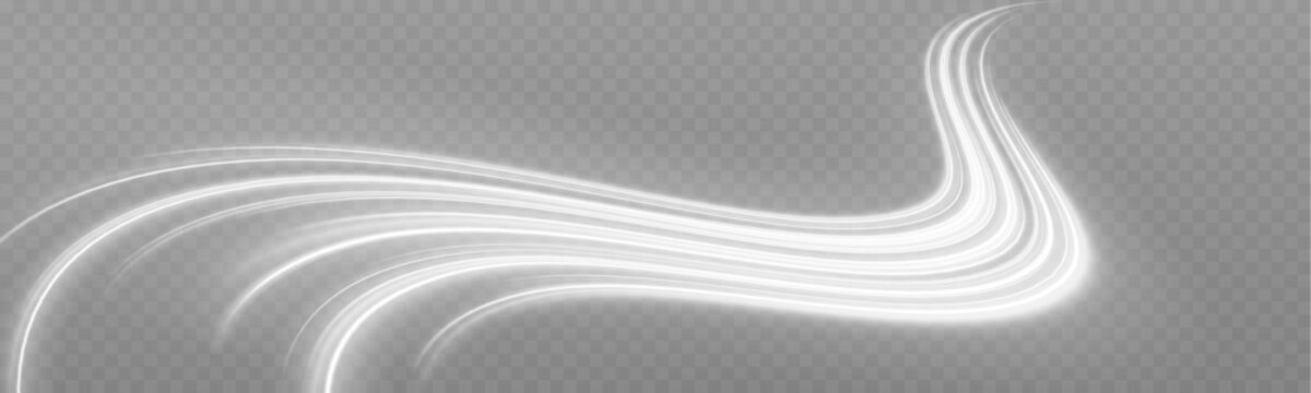 White wind waves and shimmering dust form an elegant vortex of motion and energy. Smooth flowing curves create a realistic weather effect. Vector design isolated on transparent background.