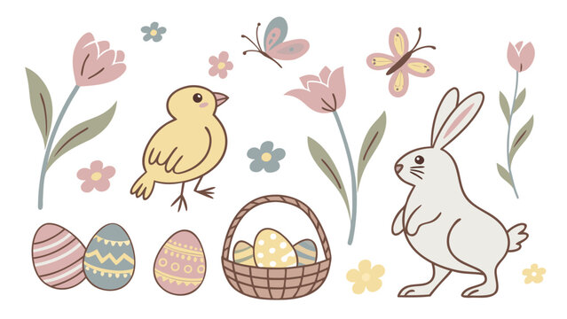 Cute easter holiday set with bunny chick and decorated eggs, celebration