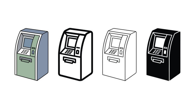 Four different colored automated teller machines in a row on white background
