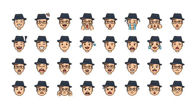 Set of male faces with various emotional expressions and wearing identical dark hats and glasses for character design.