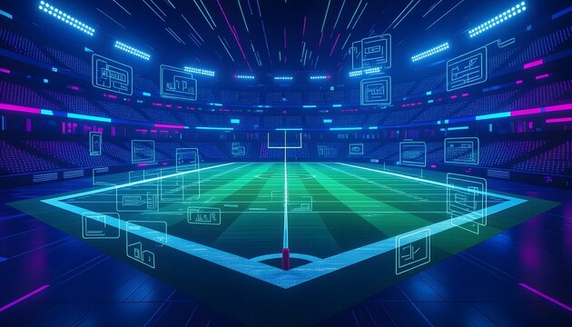 Neon lit sports stadium with digital graphics.
