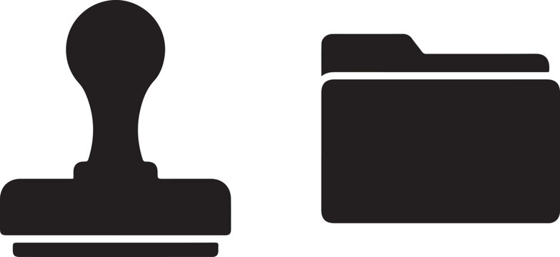 Black silhouette of a rubber stamp and a digital file folder on a white background