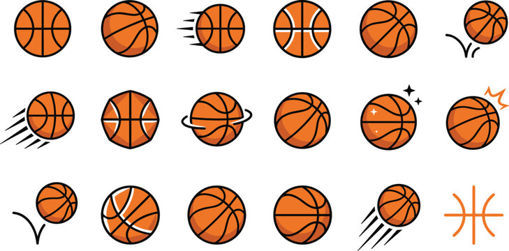 Creative Basketball Icon Set with Stylized Speed Lines Bounce Marks Planet Ring and Geometric Designs for Sports Branding Tournament Logos and Game Apps