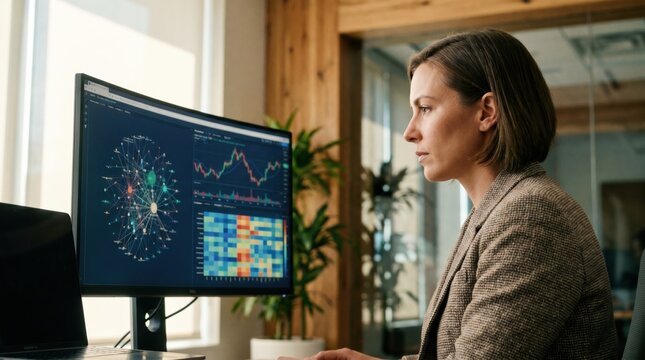 A professional female data analyst working intently while looking at complex financial charts and network diagrams on a large computer monitor in a modern office setting