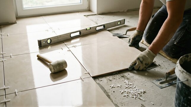 Tiler installing ceramic tile on floor in new home. Man using spirit level and rubber mallet during renovation work. Construction professional performing tiling work for interior decoration.
