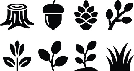 Set of black forest nature and plant icons including tree stump acorn pinecone and grass © Simu Store