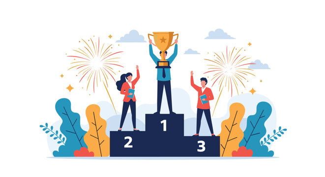 Successful business team celebrating their first place achievement on a winner's podium with a gold trophy and festive fireworks.