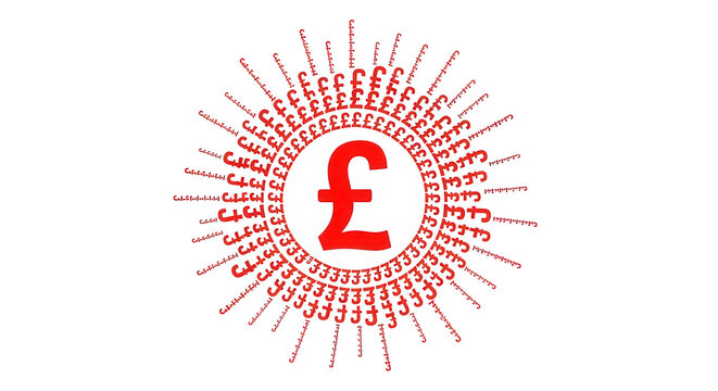 Red British pound sterling symbol with radiating sunburst isolated on transparent background