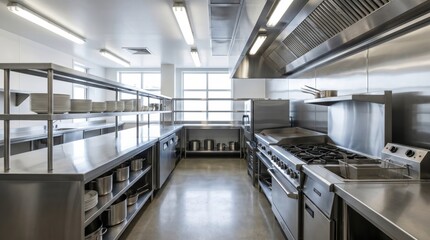 Naklejka premium Professional commercial kitchen with stainless steel equipment features industrial stoves ovens and deep fryers along with organized shelving for plates and cookware in a restaurant