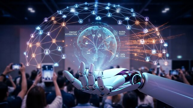 Robotic hand presenting global content distribution network to audience