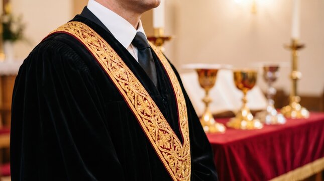 A priest wearing a black ceremonial robe with intricate gold embroidery stands by an altar with golden chalices and candles during a traditional religious church service