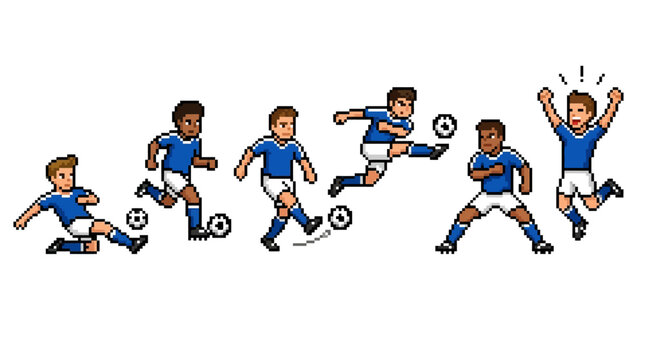 Soccer players in various kicking actions.pixel art,8-bit
