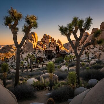 Joshua Tree National Park Landscape at Sunset with Old Mining Structure.