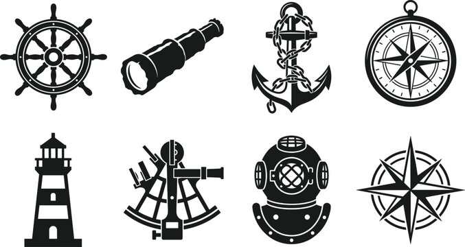 Nautical and maritime elements black silhouette vector icon set featuring ship wheel telescope anchor compass lighthouse sextant diving helmet and rose.