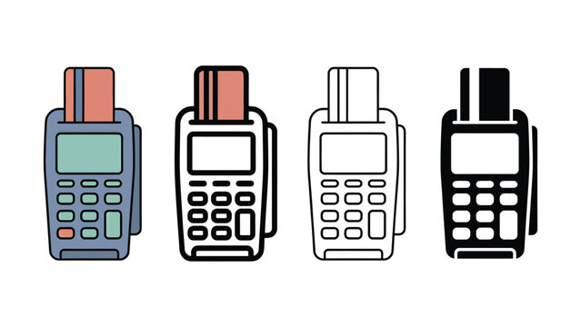 Four different colored payment terminal machines with credit cards inserted  finance technology